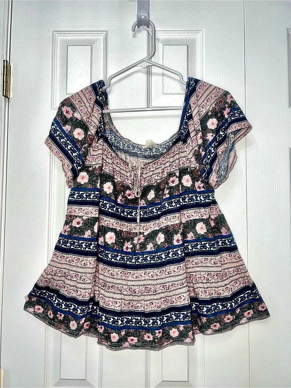 Lucky Brand Printed Short Sleeve Peasant Top Floral Pink & Blue